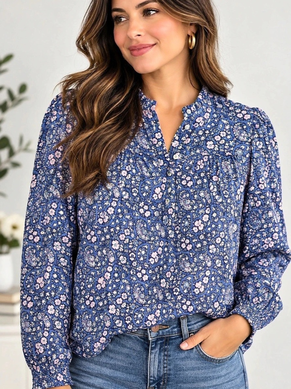 J.Crew Liberty Fabric Blue Paisley Floral Ruffle Neck Blouse M Puff Sleeve